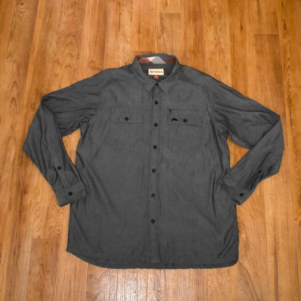 Simms Button Down Shirt Mens XL Gray Excellent Tencel Cotton Fishing Long Sleeve